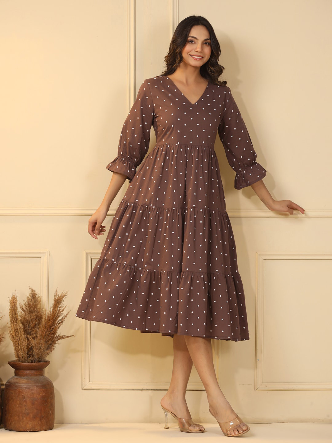 

mirari Ethnic Motifs Printed V-Neck Three-Quarter Sleeves A-Line Midi Cotton Dress, Brown