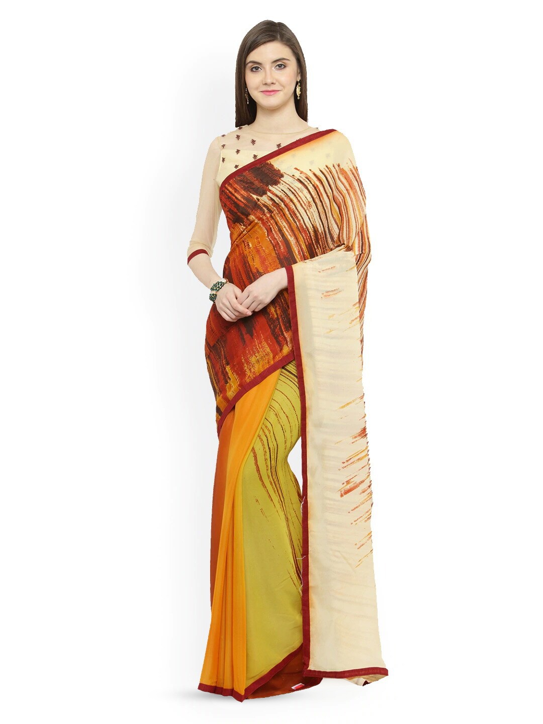 

HRITIKA Abstract Printed Saree, Cream