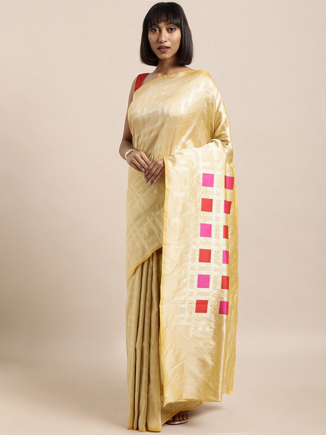 

HRITIKA Ethnic Motifs Woven Design Zari Saree, Beige