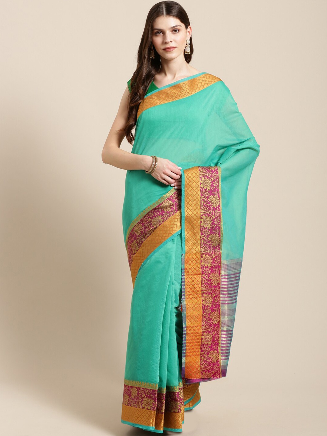 

HRITIKA Ethnic Motifs Woven Design Zari Silk Cotton Kanjeevaram Saree, Green
