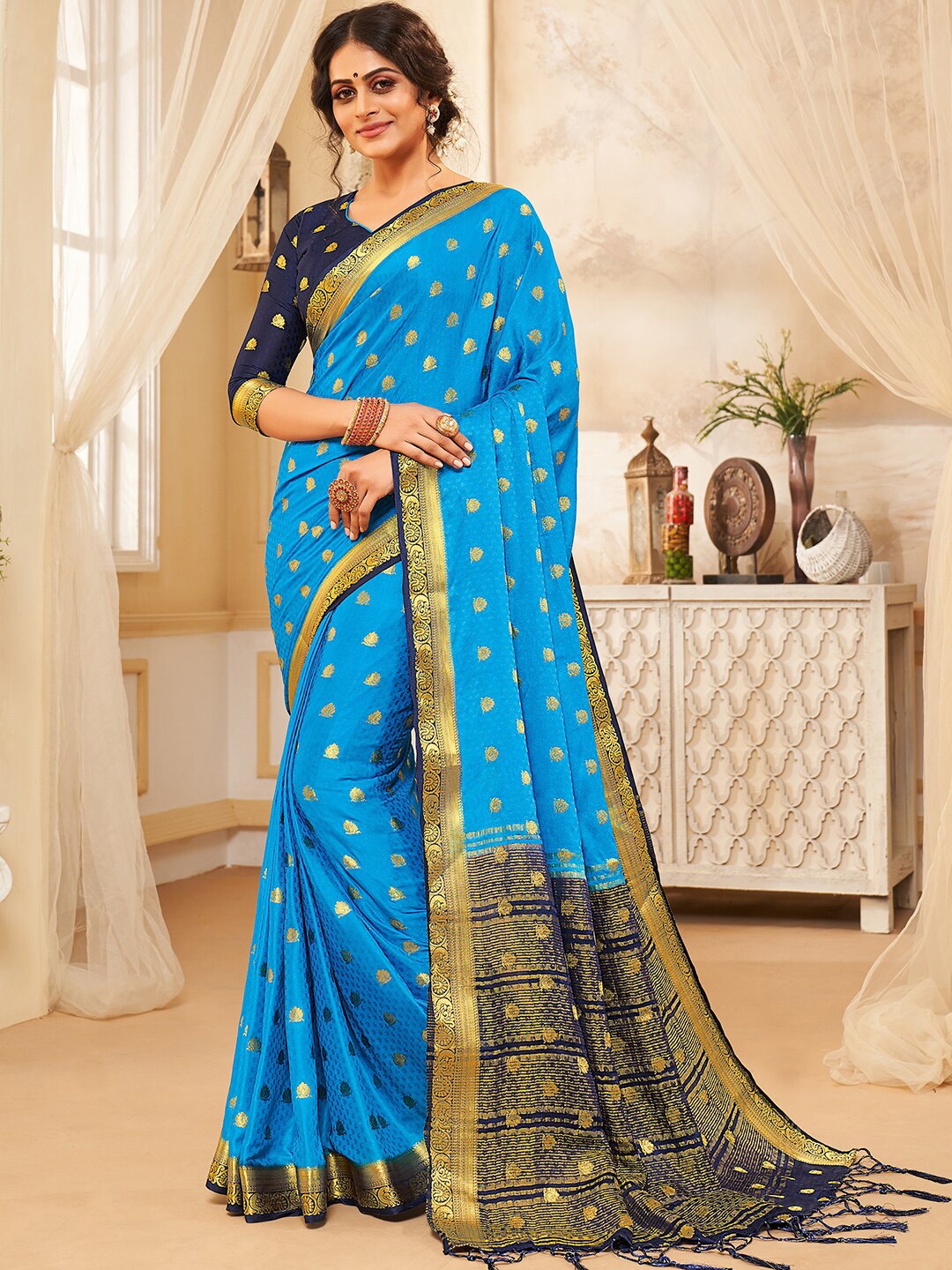 

HRITIKA Ethnic Motifs Woven Design Zari Saree, Blue
