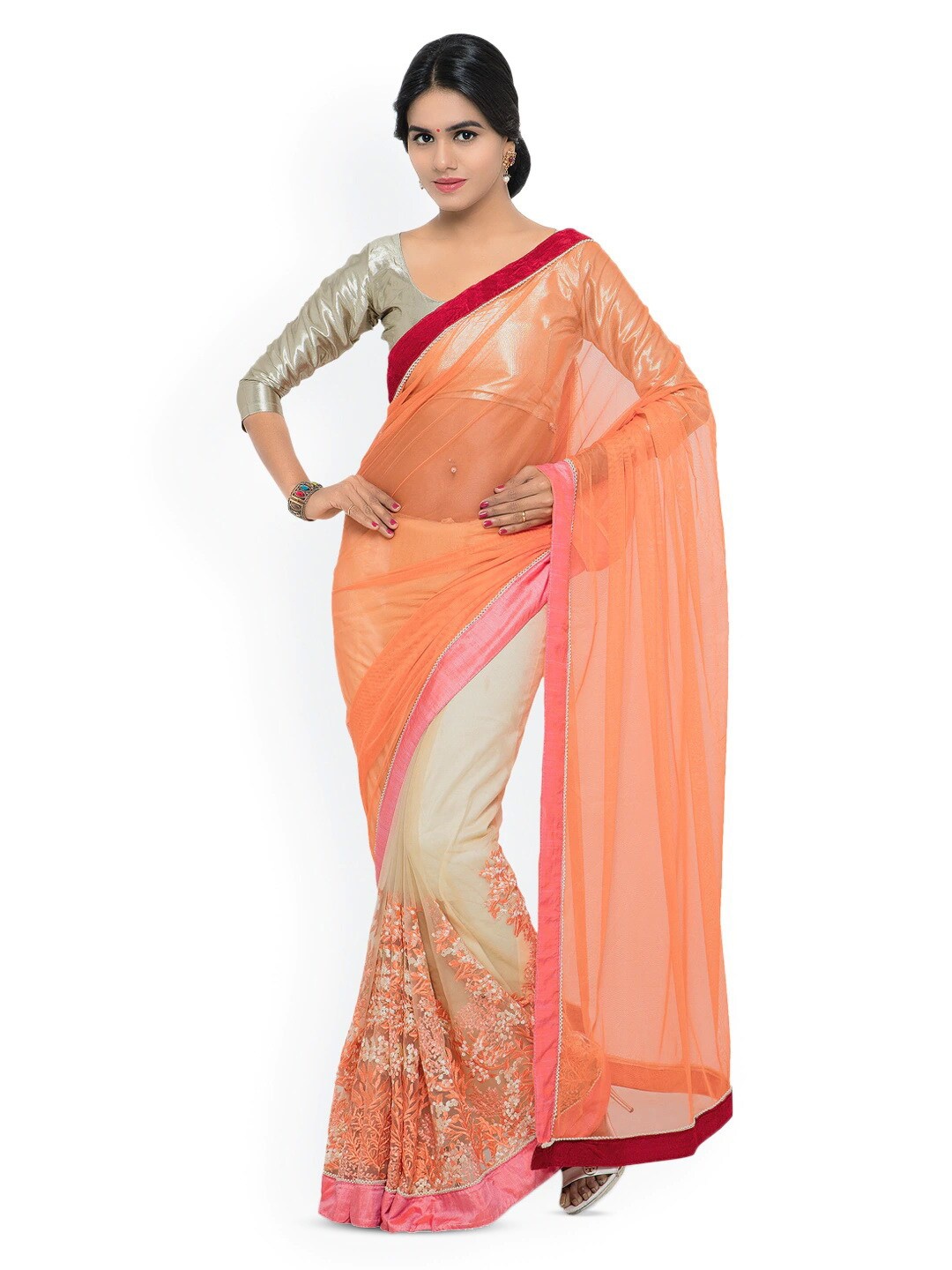 

HRITIKA Floral Embroidered Zari Saree, Orange