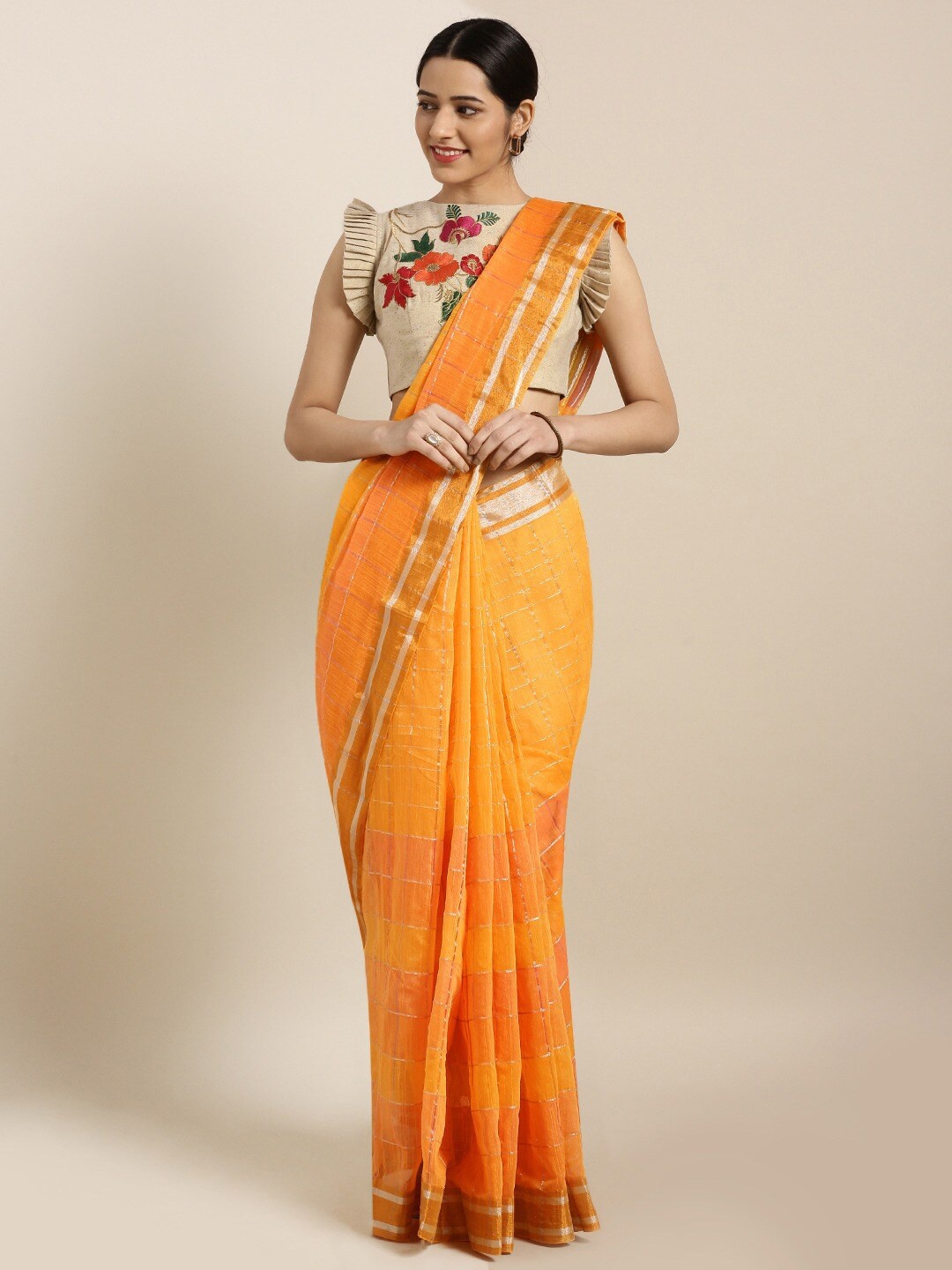 

HRITIKA Checked Woven Design Zari Pure Linen Saree, Mustard