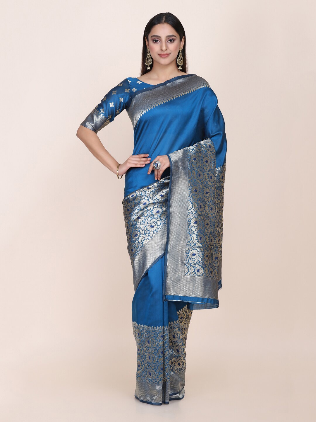 

HRITIKA Ethnic Motifs Woven Design Zari Saree, Turquoise blue
