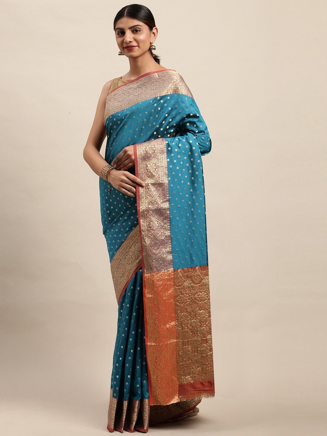 

HRITIKA Ethnic Motifs Woven Design Zari Saree, Turquoise blue