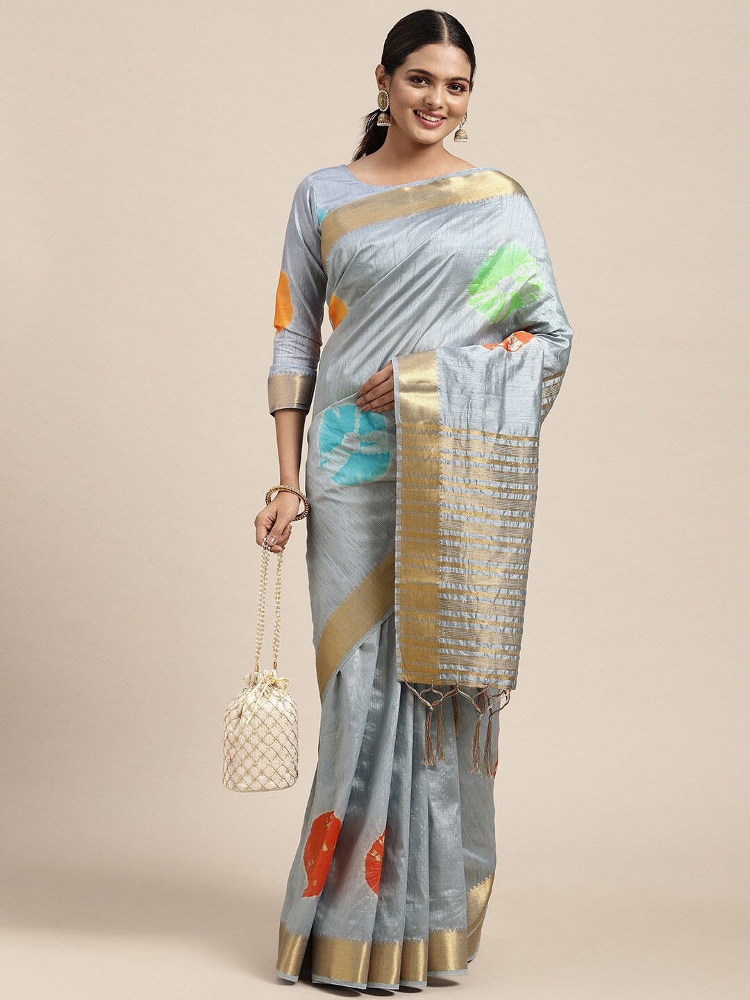 

HRITIKA Tie and Dye Printed Zari Saree, Grey