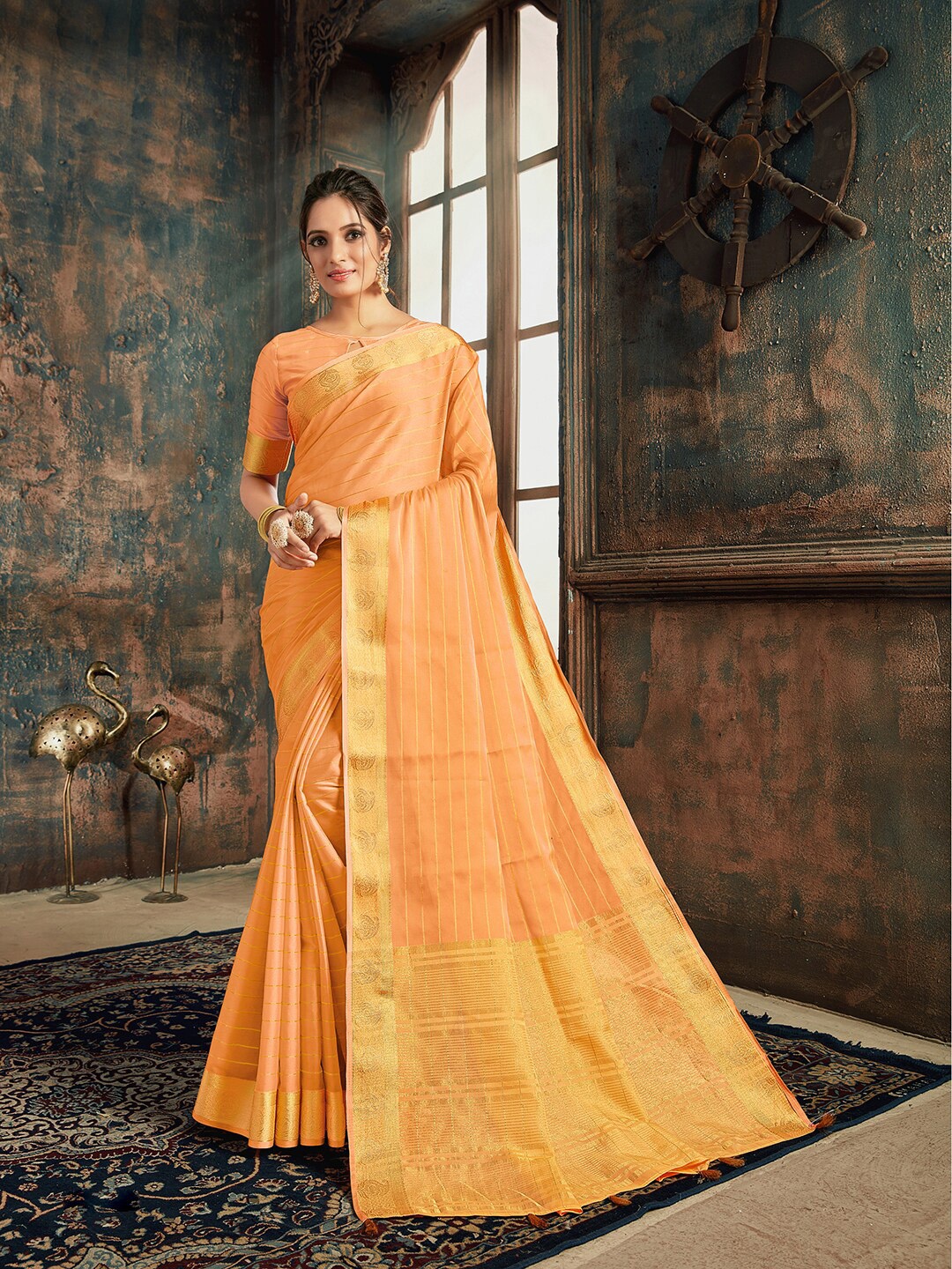 

HRITIKA Striped Zari Saree, Peach