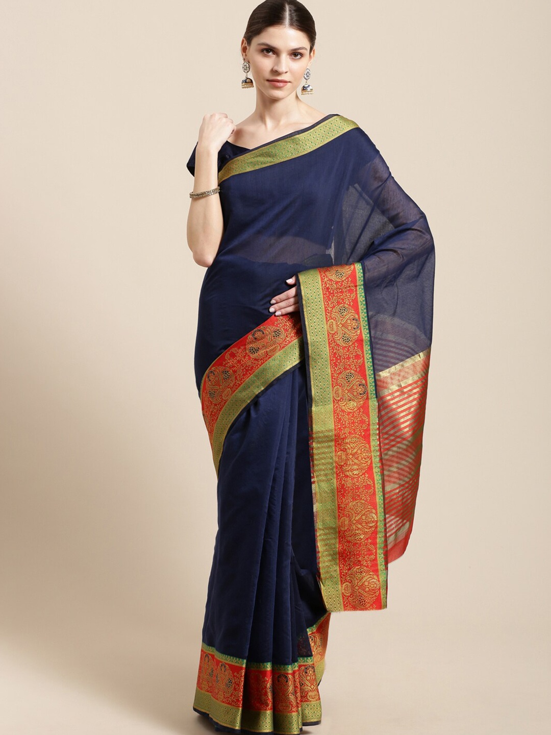 

HRITIKA Woven Design Silk Cotton Zari Saree, Navy blue