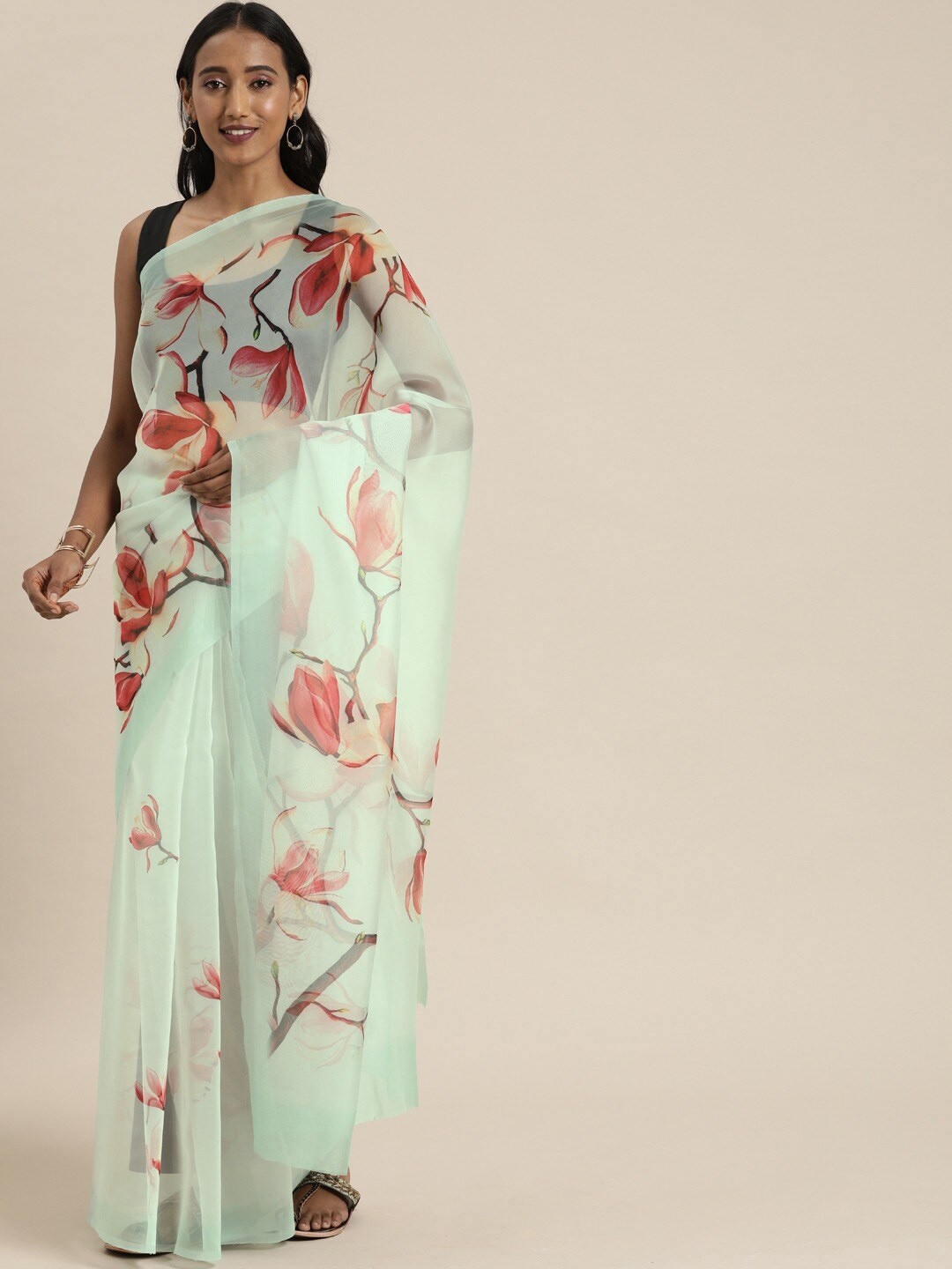 

HRITIKA Floral Printed Organza Saree, Green