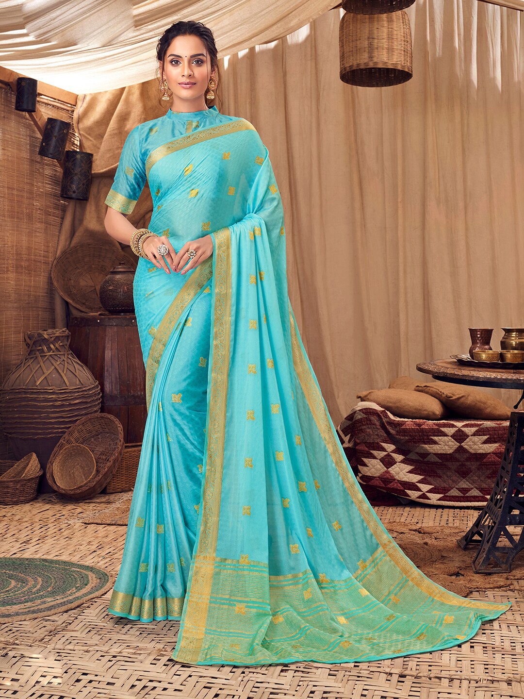 

HRITIKA Ethnic Motifs Woven Design Zari Saree, Blue