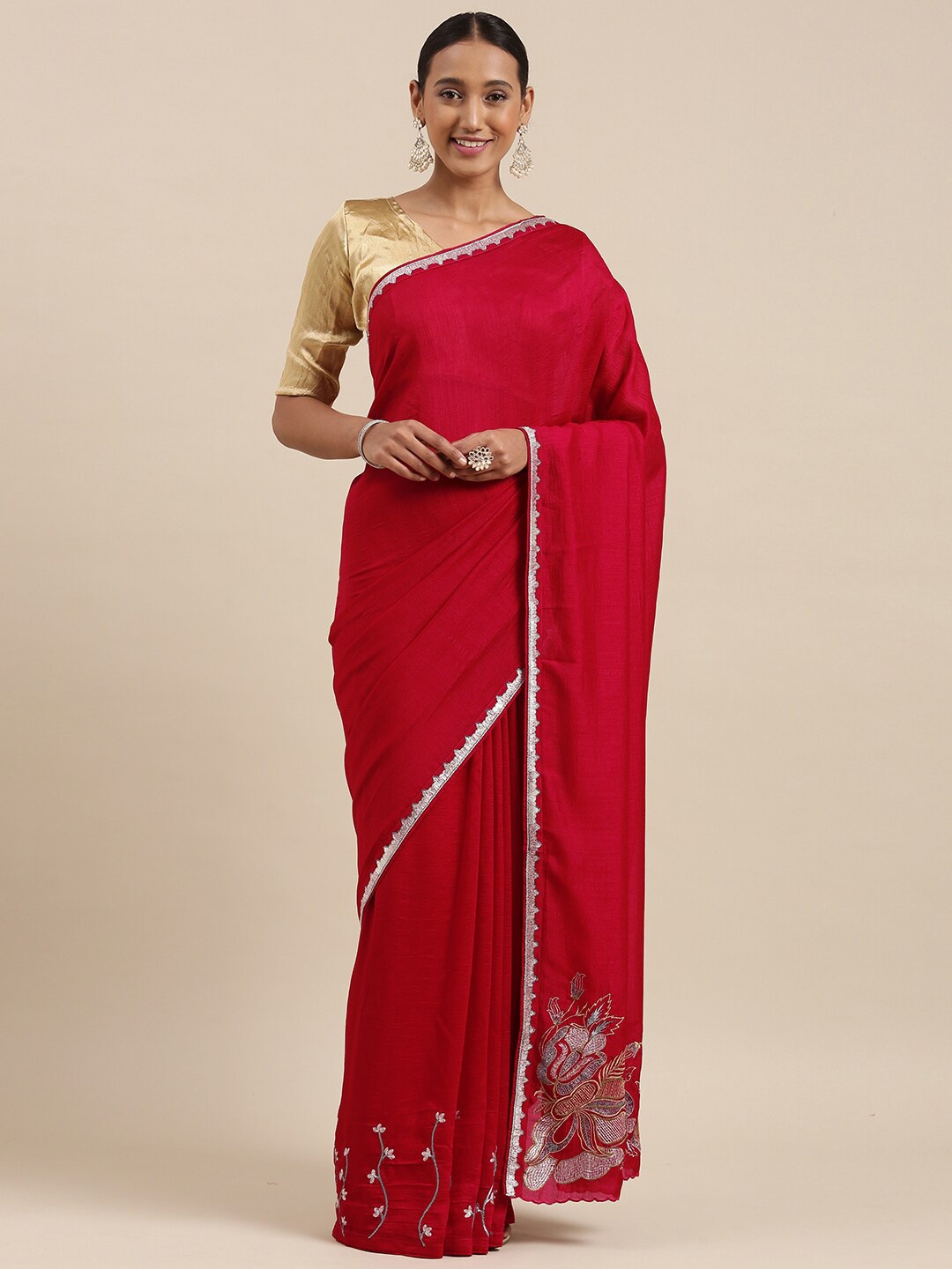 

HRITIKA Floral Embroidered Saree, Magenta