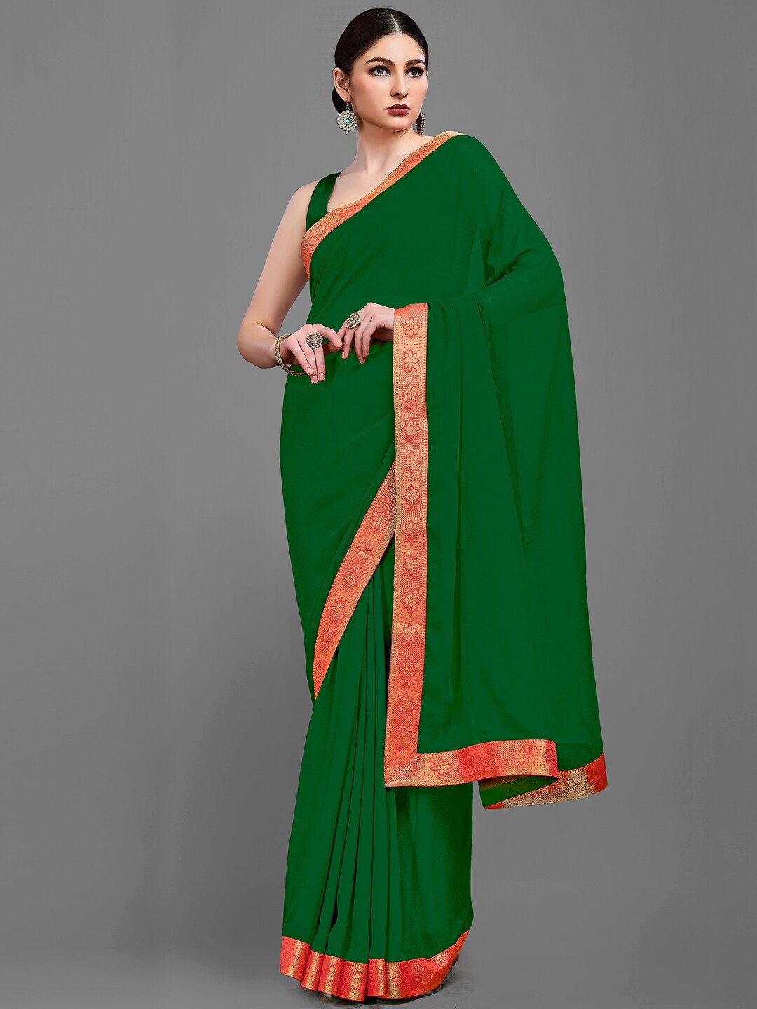 

HRITIKA Zari Woven Design Border Saree, Green