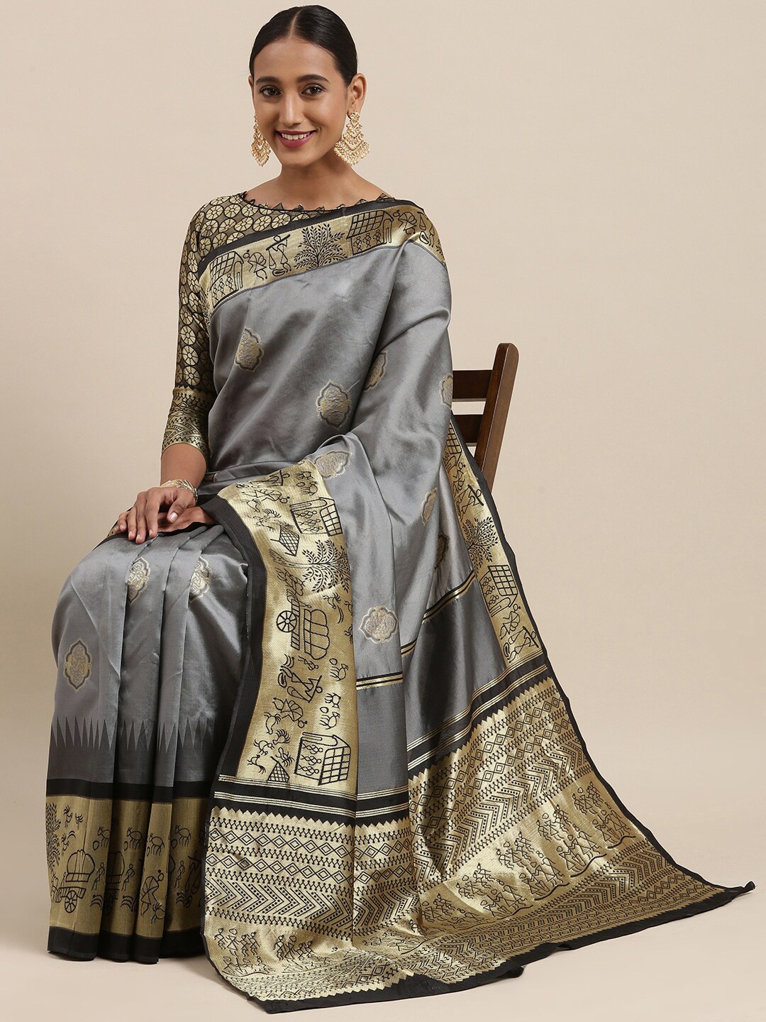 

HRITIKA Ethnic Motifs Woven Design Zari Saree, Grey