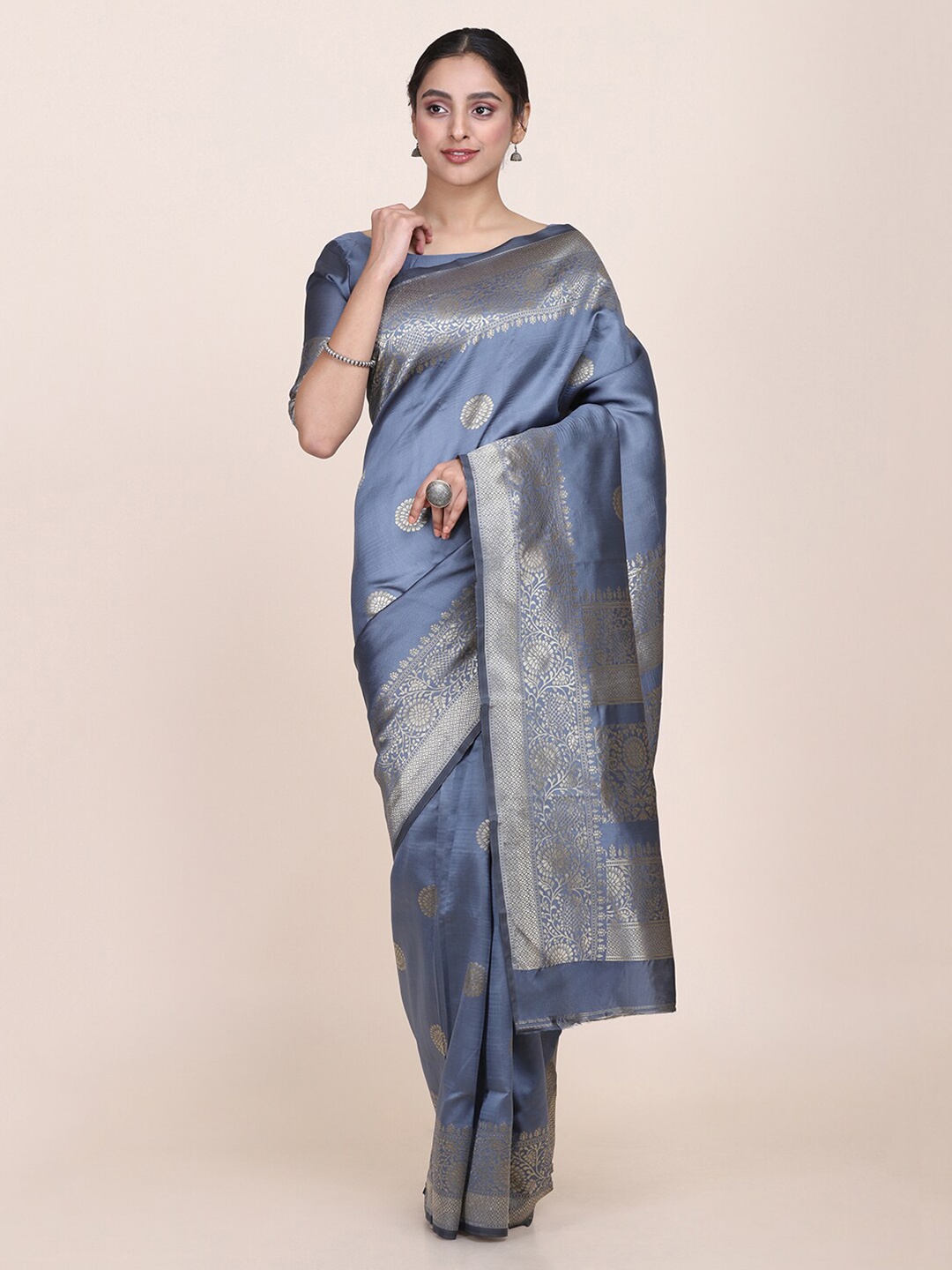 

HRITIKA Floral Woven Design Zari Saree, Grey