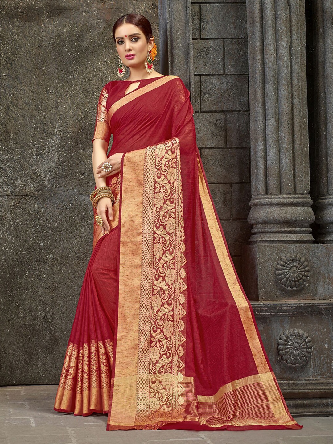 

HRITIKA Woven Design Zari Pure Linen Saree, Maroon