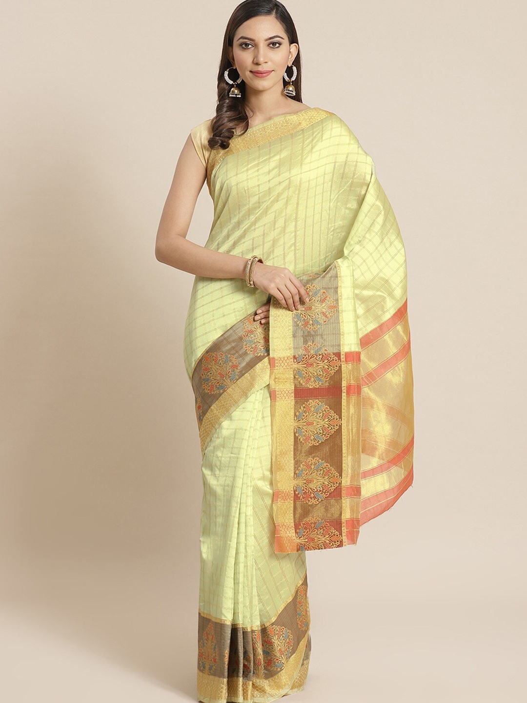 

HRITIKA Checked Woven Design Zari Saree, Green