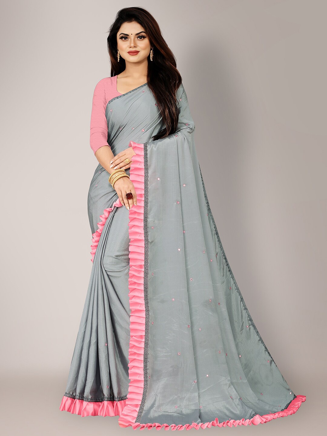 HRITIKA Embroidered Pure Chiffon Saree, Grey