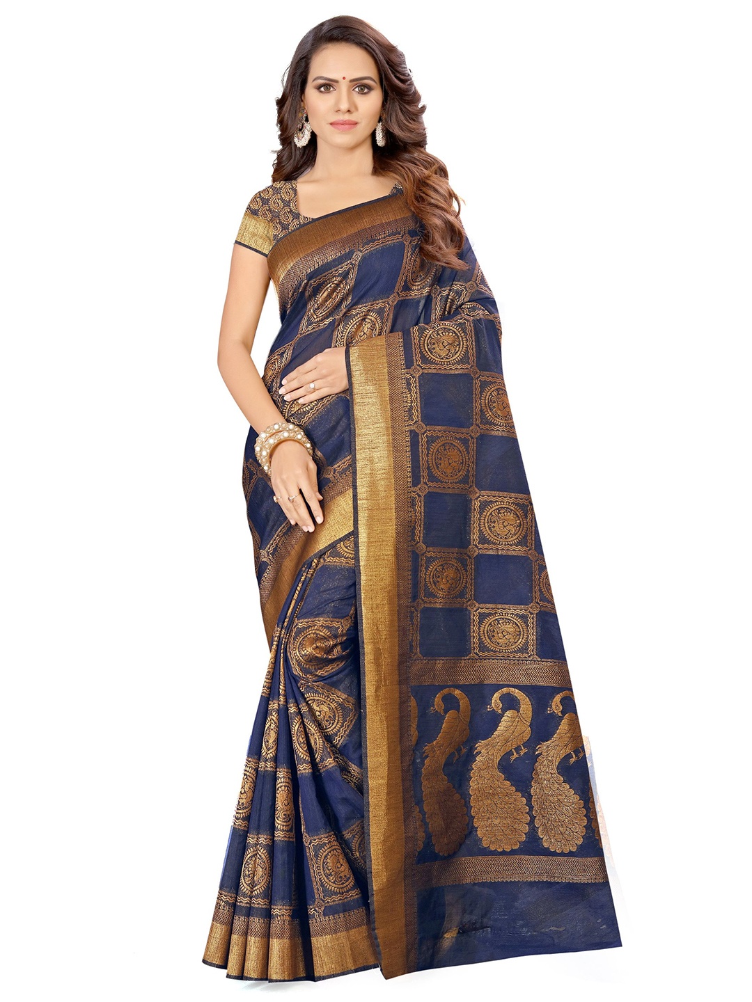 

HRITIKA Ethnic Motifs Woven Design Zari Saree, Navy blue