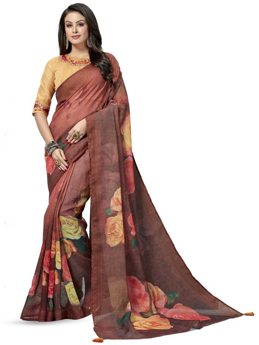 

HRITIKA Floral Printed Saree, Brown