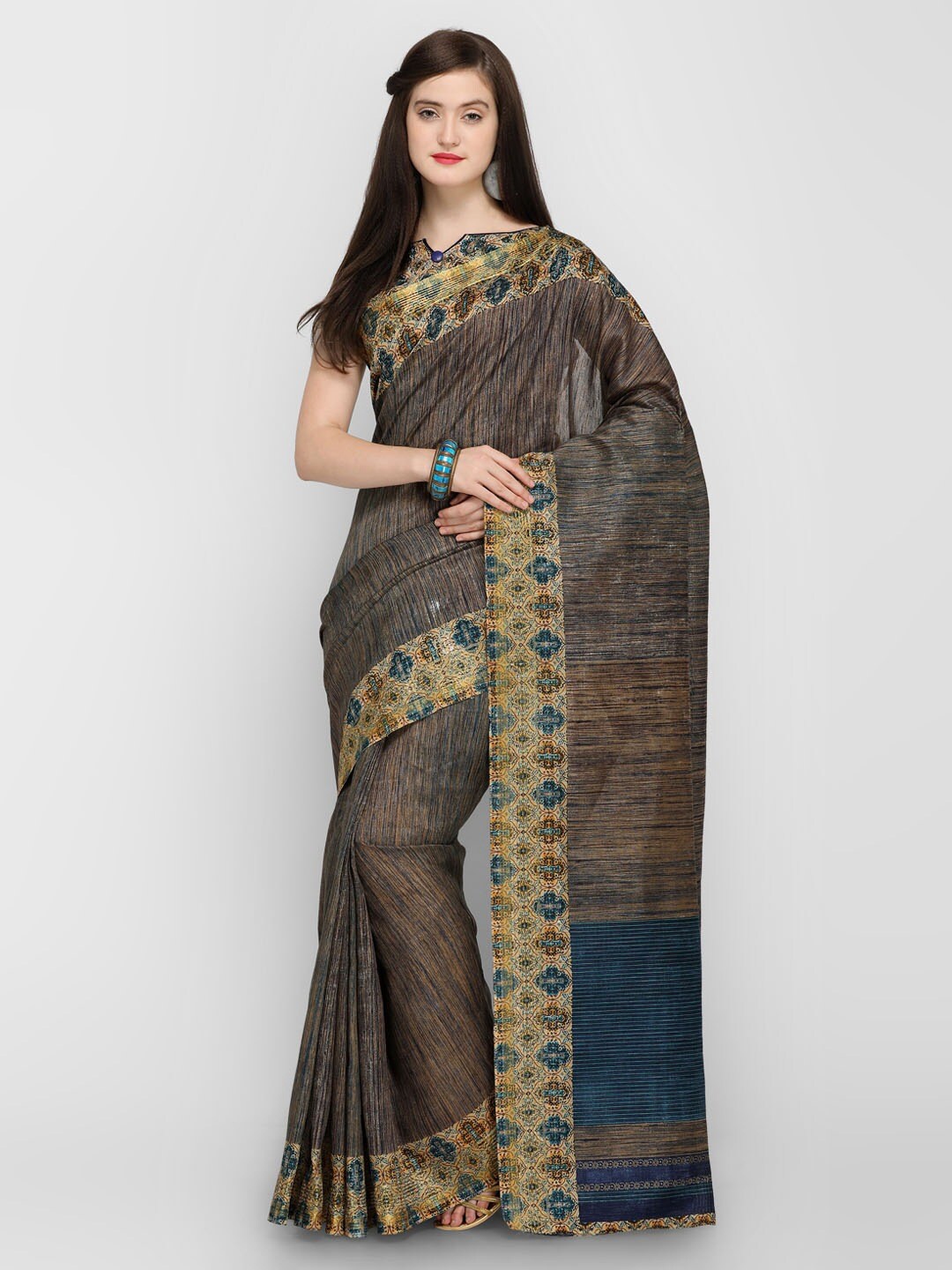 

HRITIKA Striped Silk Cotton Saree, Grey