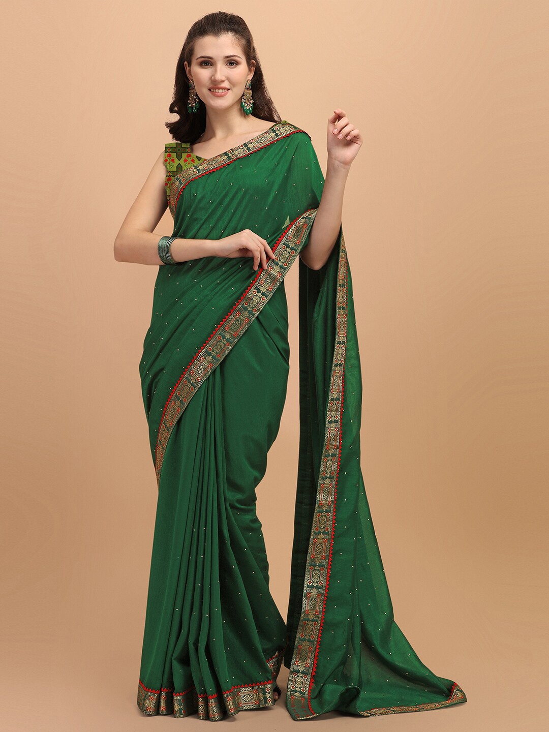 

HRITIKA Embellished Beads and Stones Saree, Green