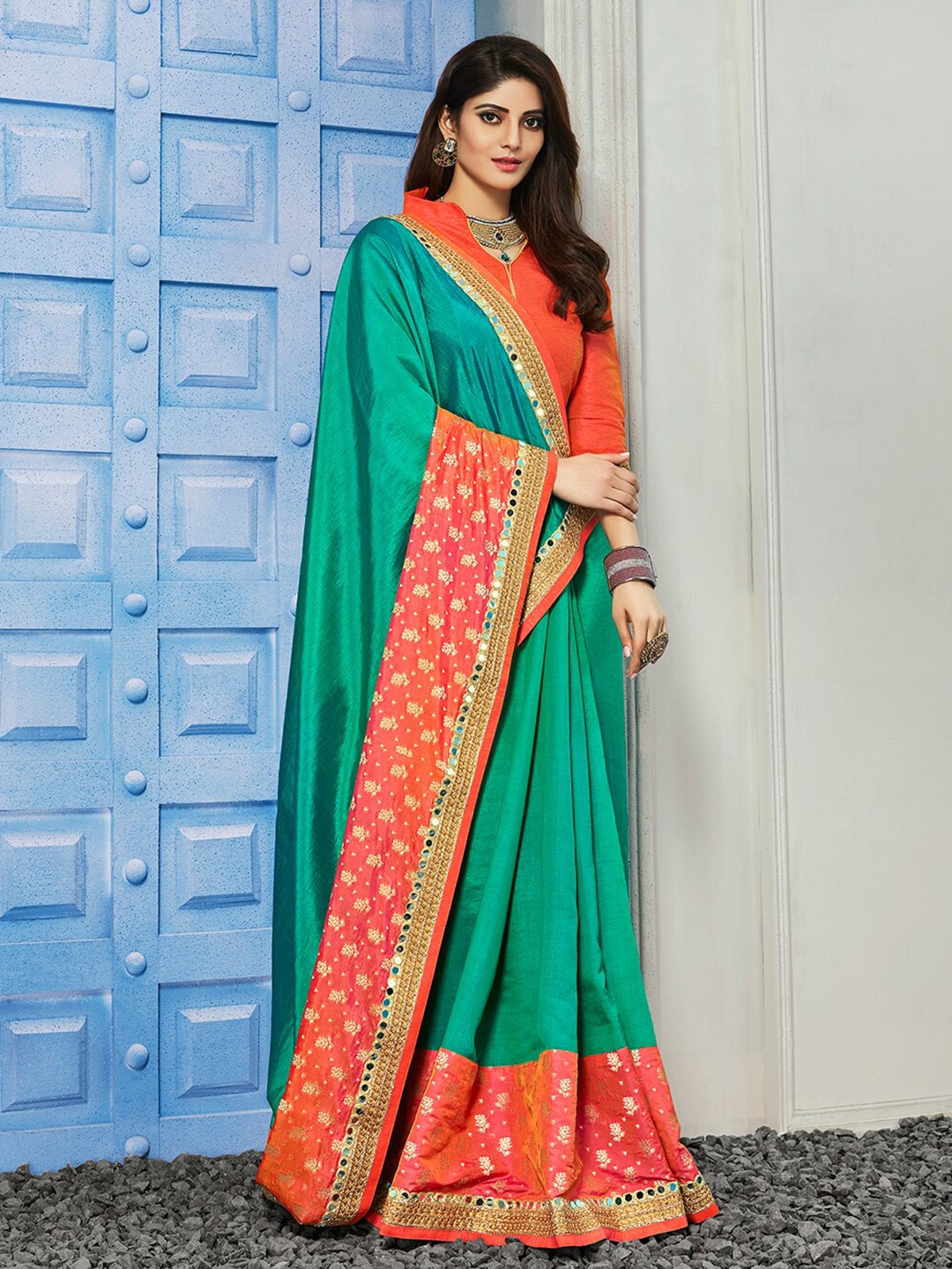 

HRITIKA Mirror Work Polka Dots with Lace Saree, Teal