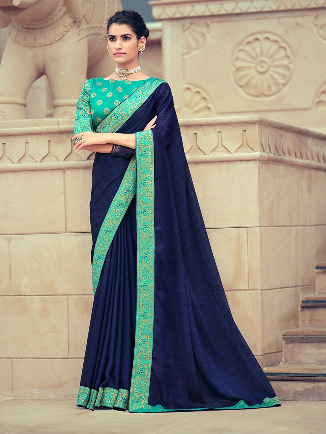 

HRITIKA Striped Zari Pure Chiffon Saree, Navy blue