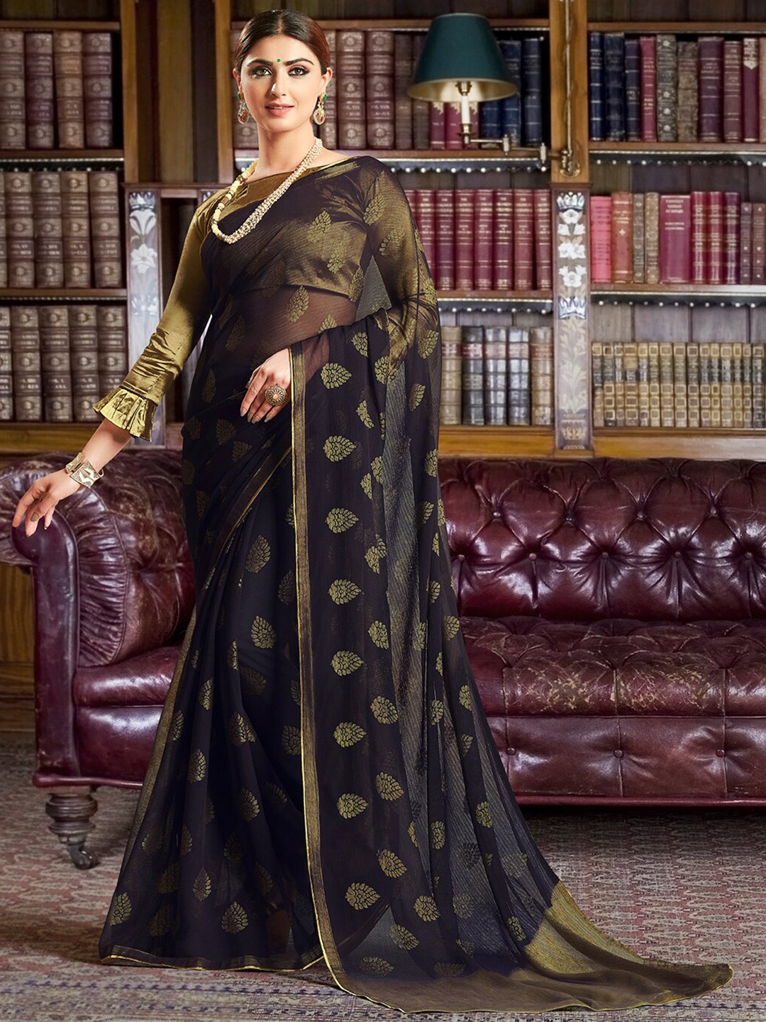 

KALINI Ethnic Motifs Printed Brasso Saree, Black