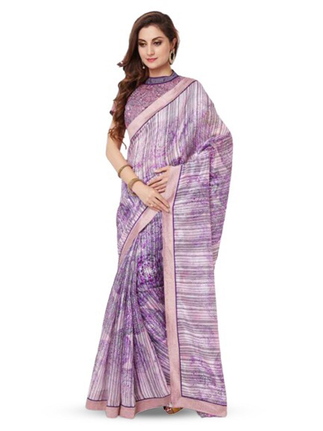 

KALINI Striped Printed Georgette Saree, Purple