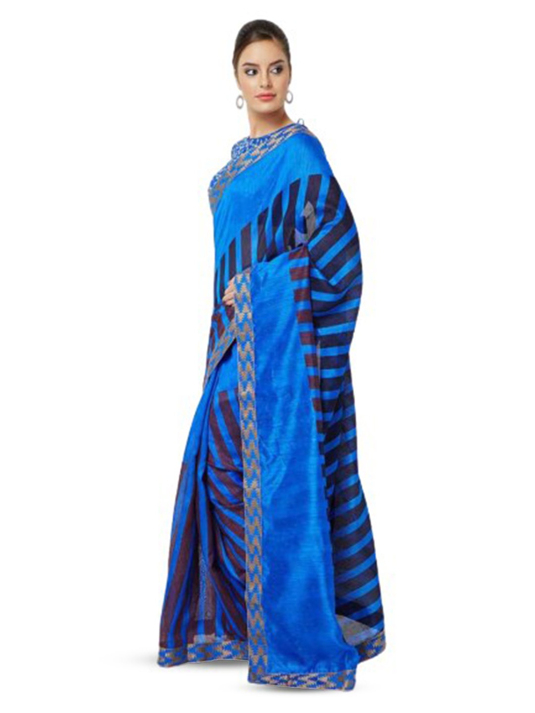 

KALINI Striped Woven Design Zari Georgette Saree, Blue
