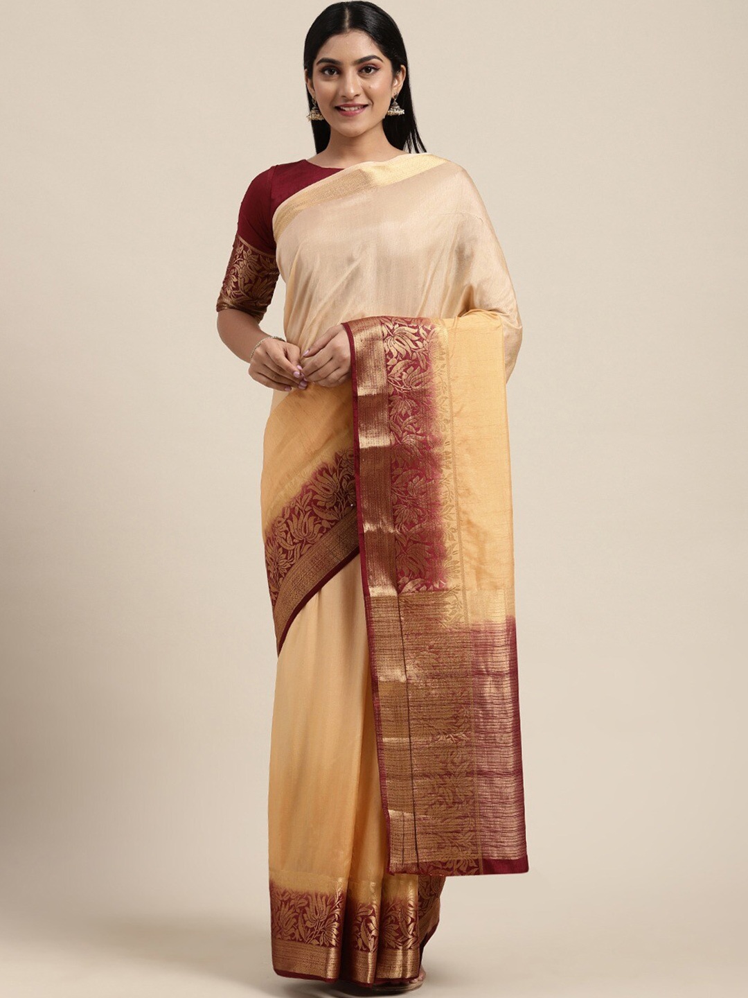 

KALINI Ethnic Motifs Woven Design Zari Silk Saree, Beige