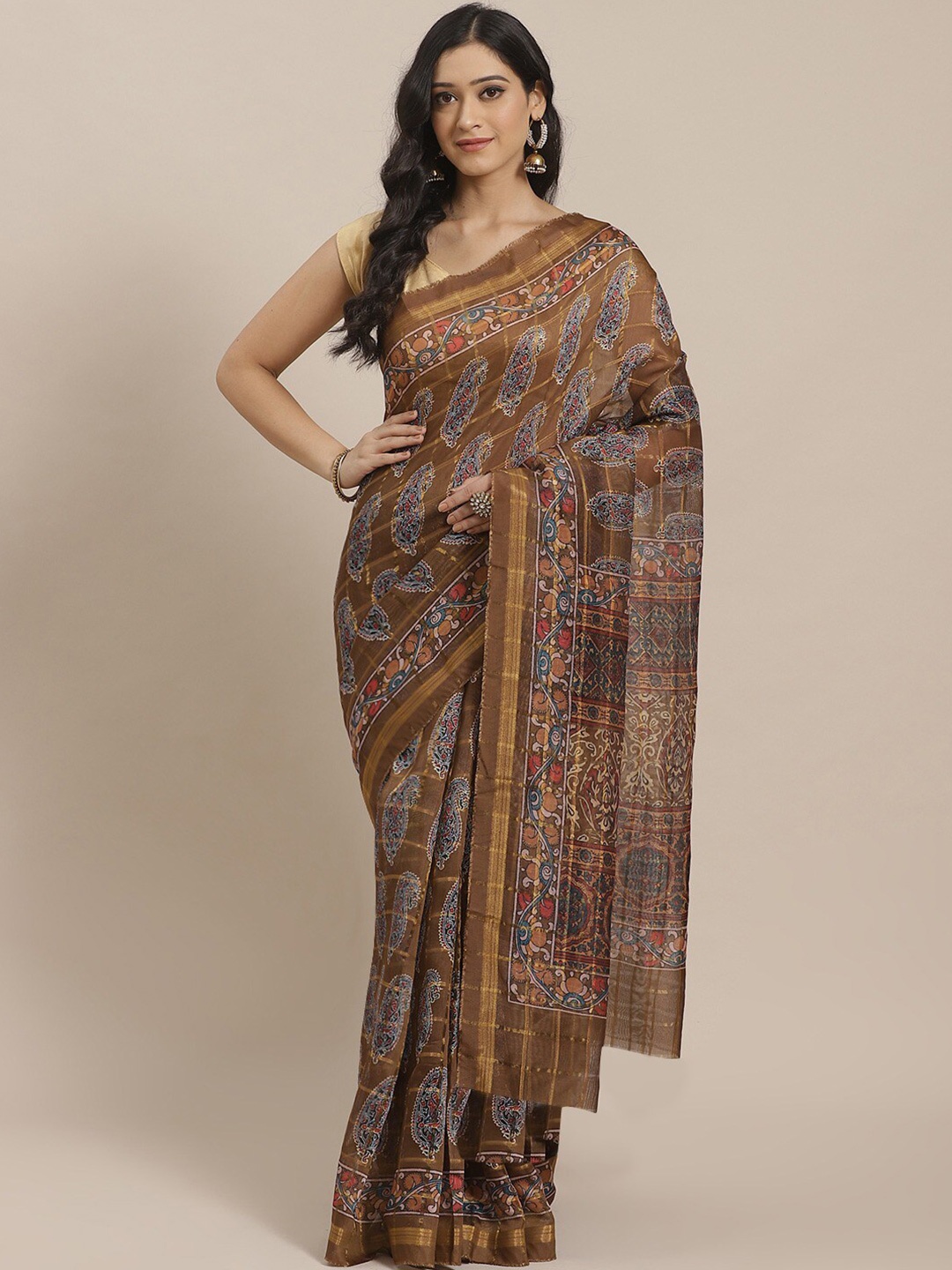 

KALINI Ethnic Motifs Printed Zari Silk Saree, Green