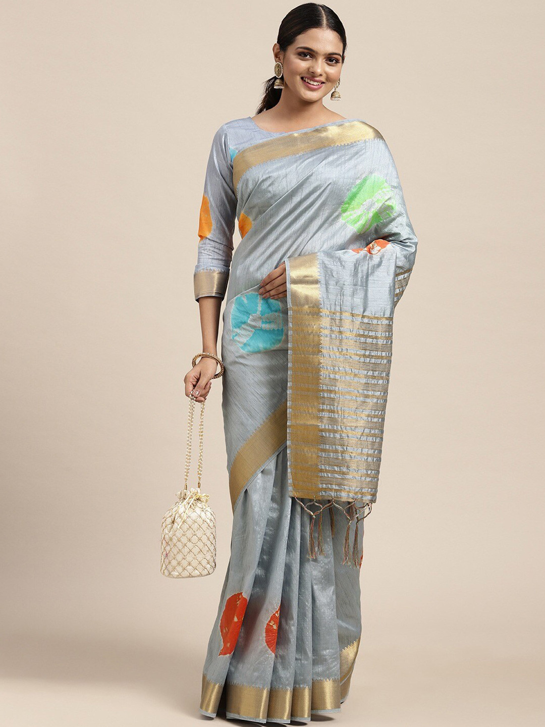 

KALINI Tie and Dye Zari Silk Saree, Grey