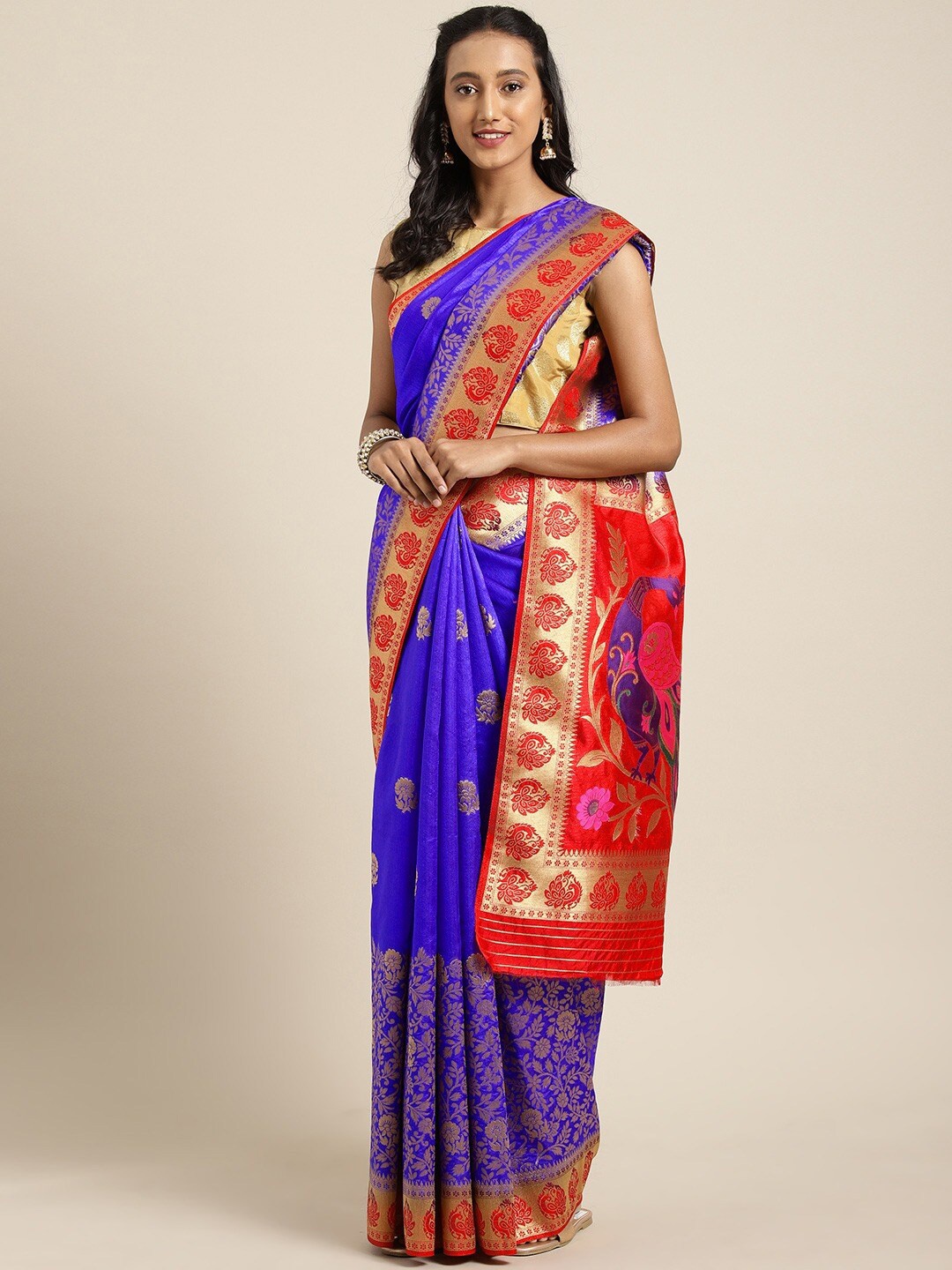 

KALINI Ethnic Motifs Zari Silk Blend Saree, Violet