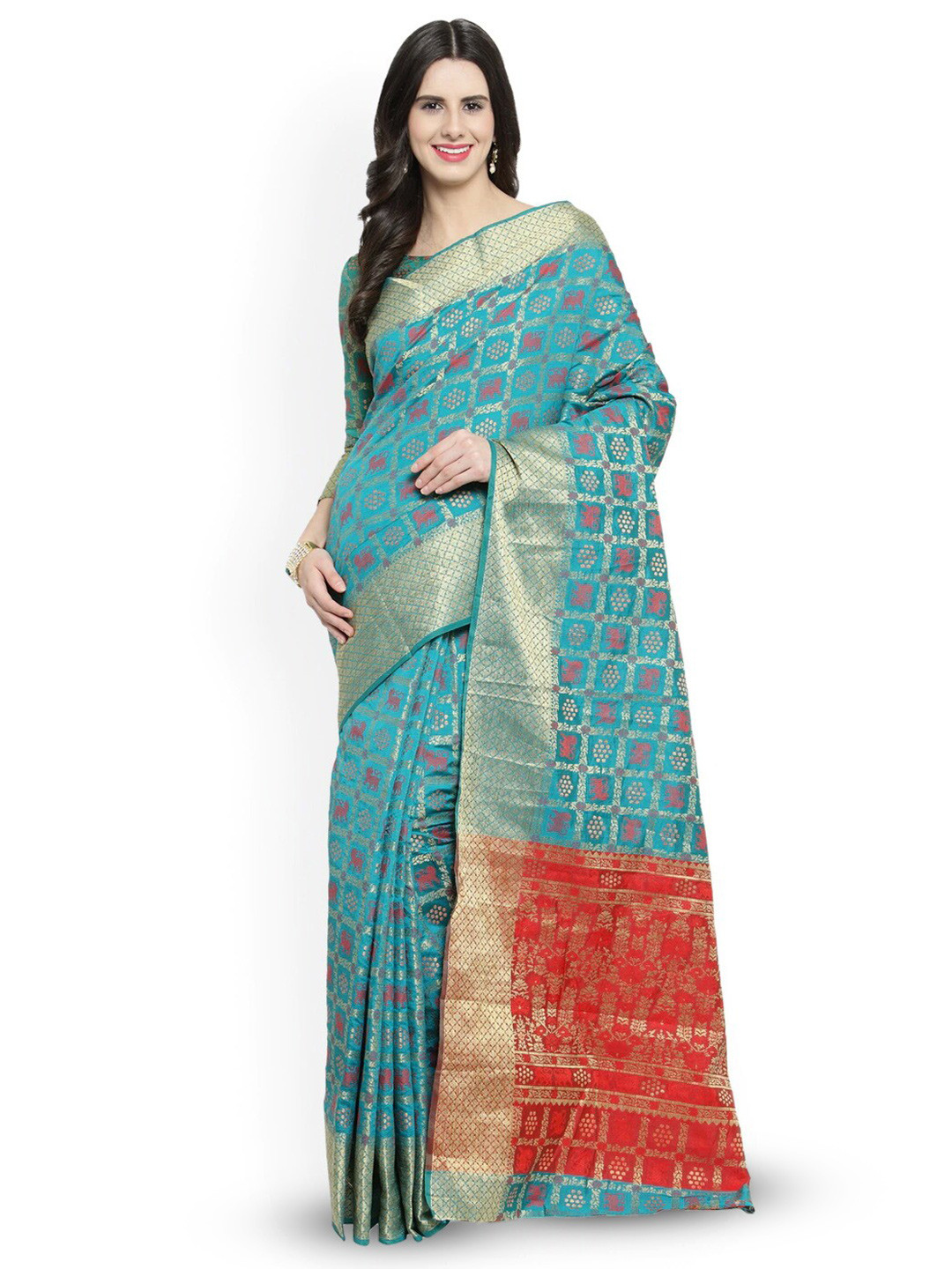

KALINI Ethnic Motifs Woven Design Zari Saree, Teal