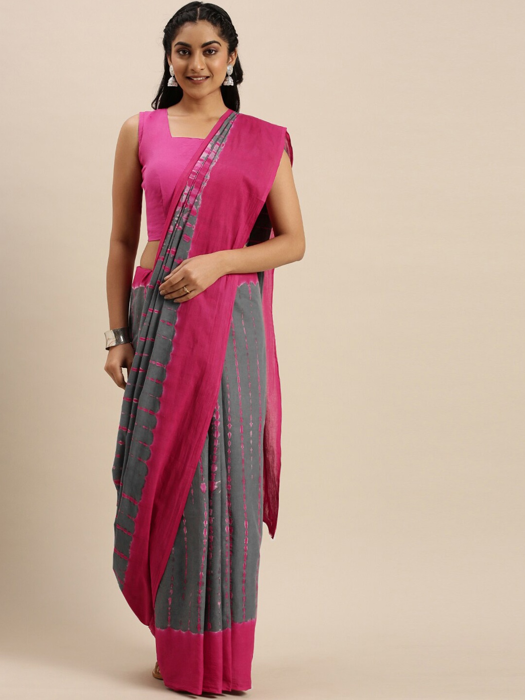 

KALINI Tie and Dye Printed Cotton Saree, Grey