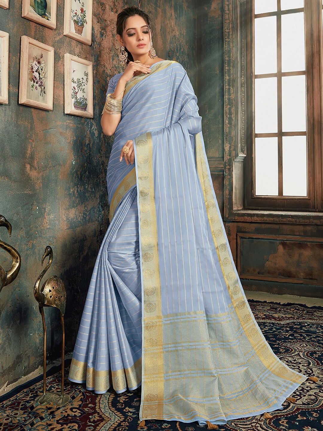 

KALINI Striped Zari Saree, Lavender