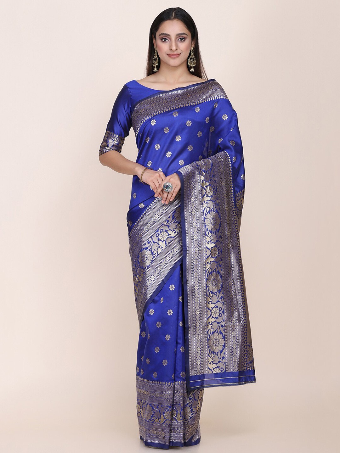 

KALINI Woven Design Ethnic Motifs Zari Silk Saree, Navy blue