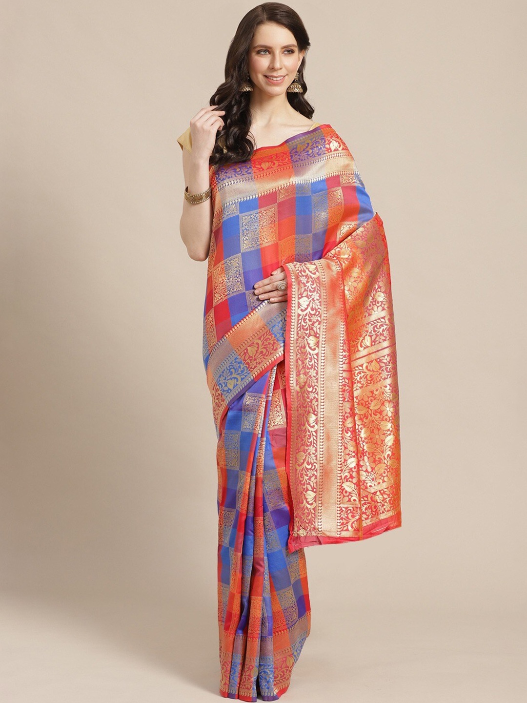 

KALINI Woven Design Zari Silk Blend Saree, Orange