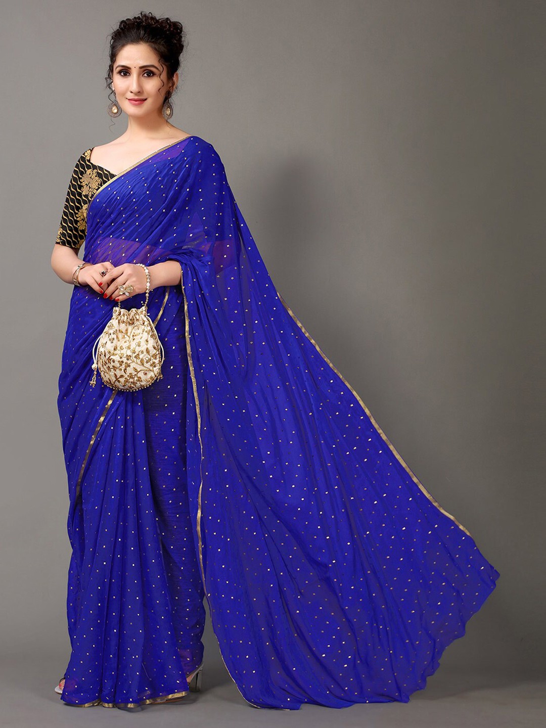 

KALINI Embellished Zari Printed Chiffon Saree, Blue