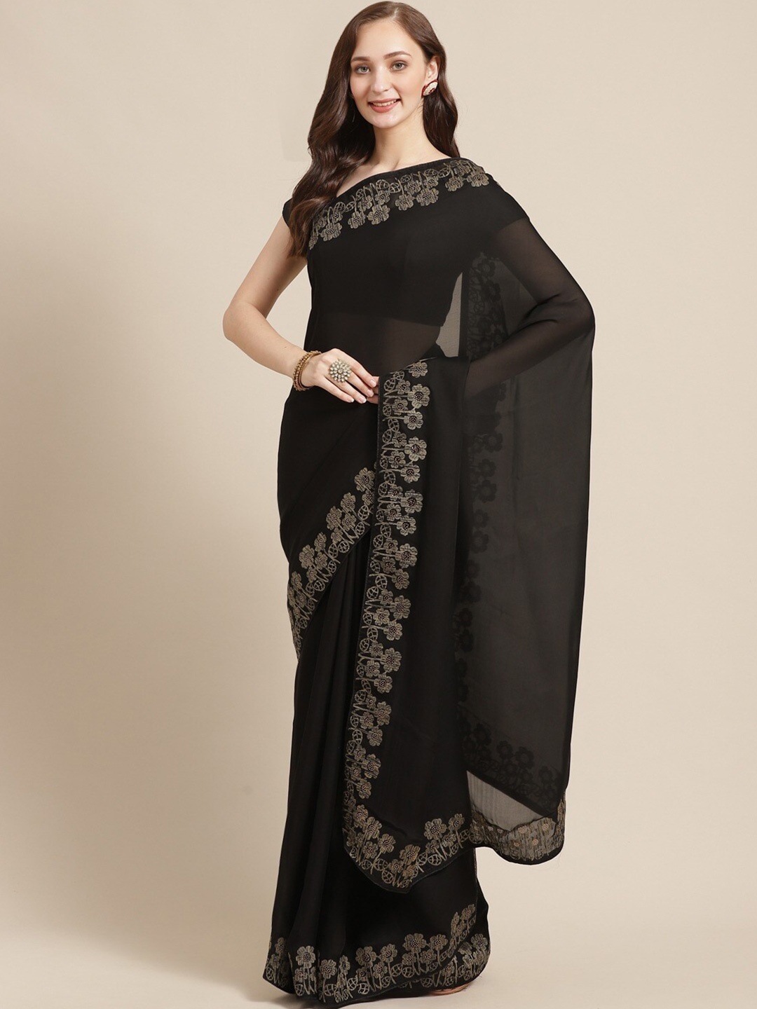 

KALINI Floral Embroidered Saree, Black