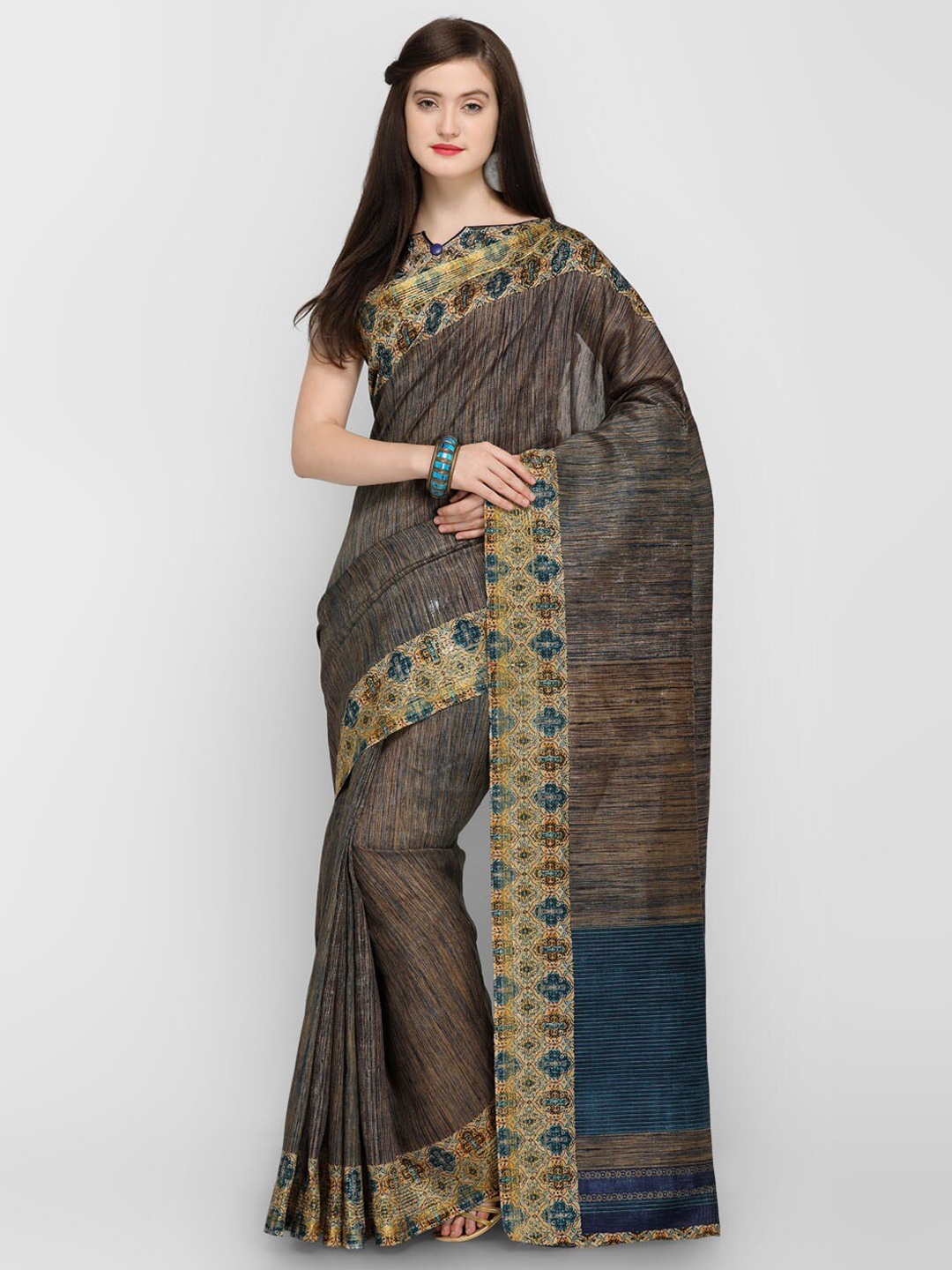 

KALINI Striped Silk Cotton Saree, Grey
