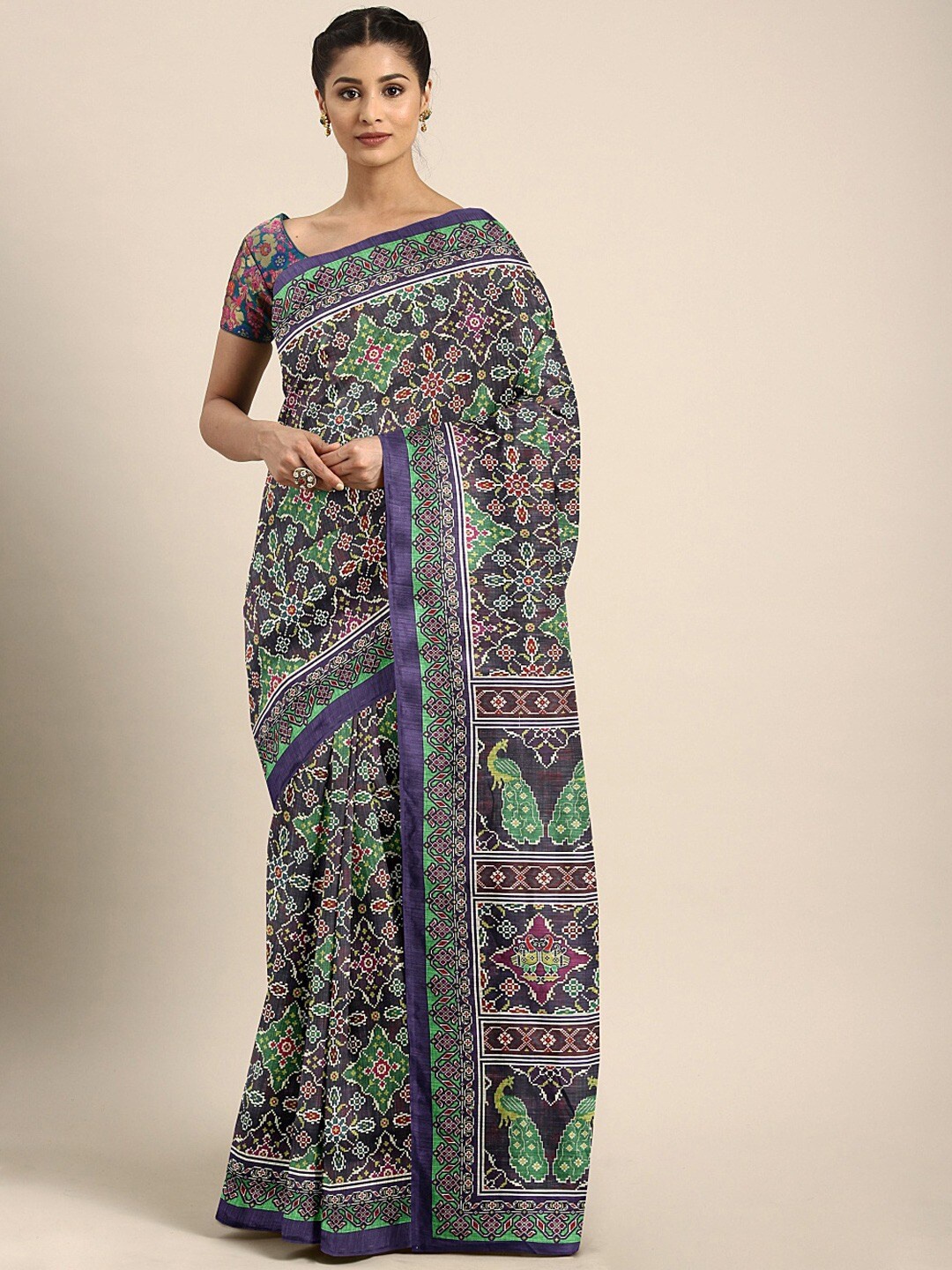 

KALINI Ethnic Motifs Silk Blend Saree, Navy blue