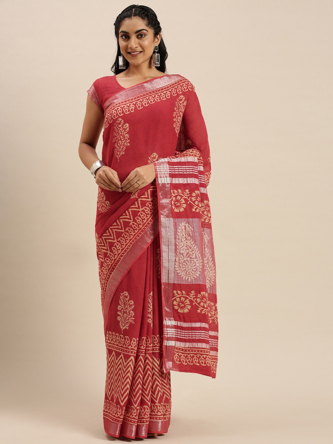 

KALINI Floral Zari Linen Cotton Saree, Red