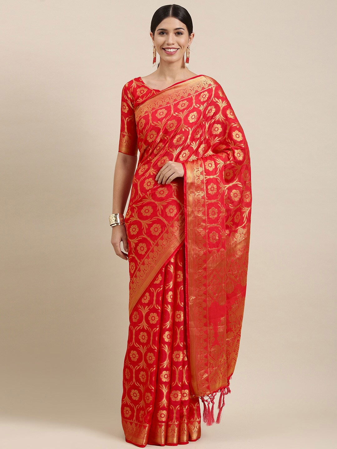 

KALINI Ethnic Motifs Woven Design Zari Saree, Pink