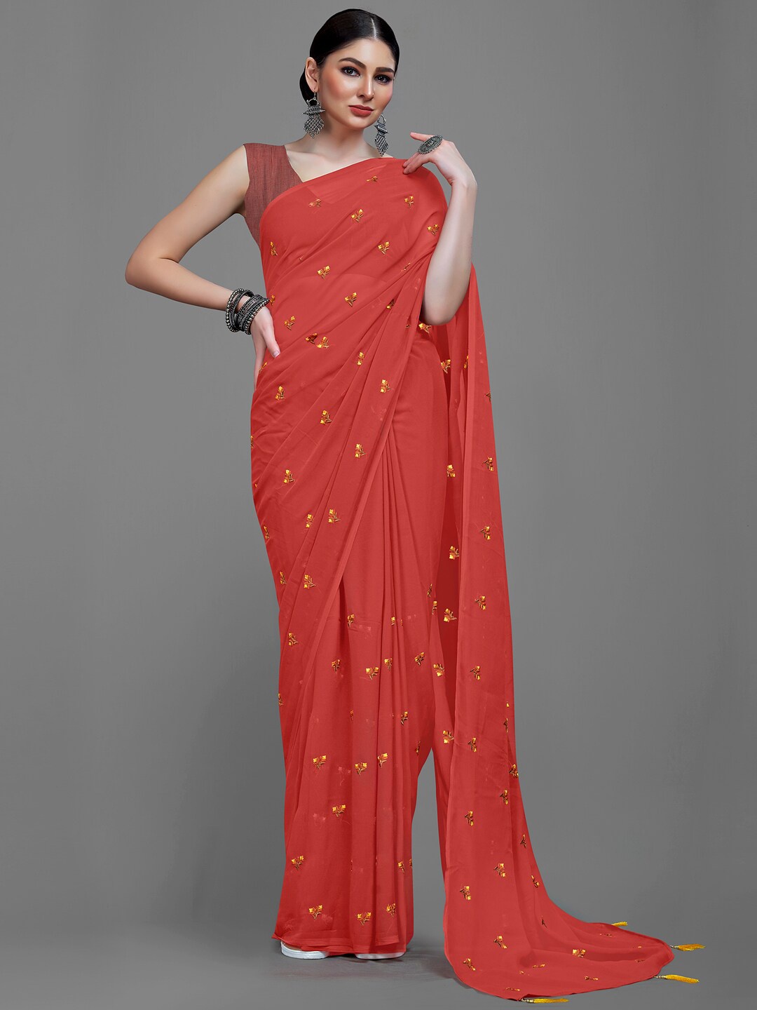 

KALINI Floral Embroidered Poly Georgette Saree, Rust