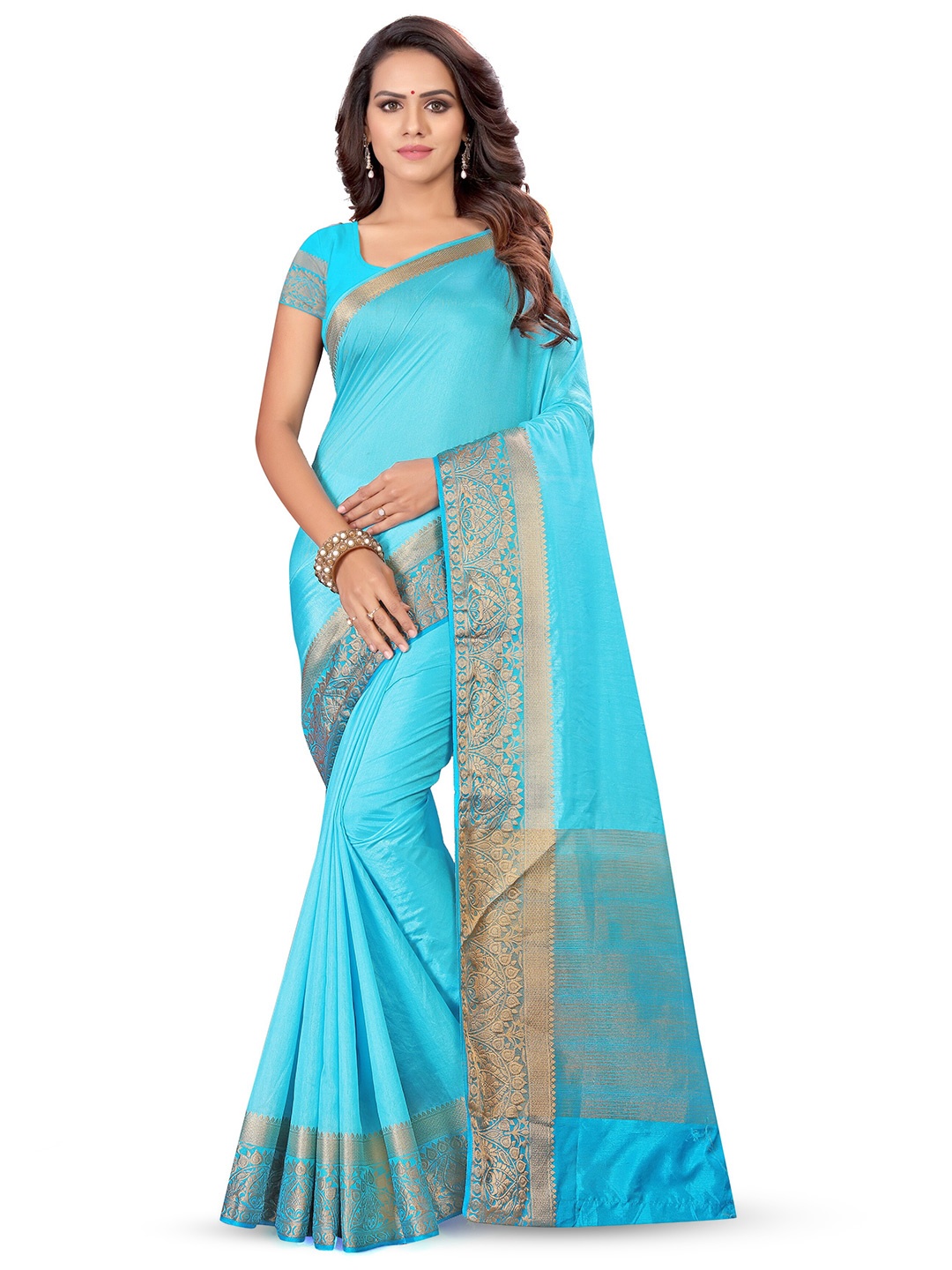 

KALINI Ethnic Motifs Printed Zari Silk Saree, Turquoise blue