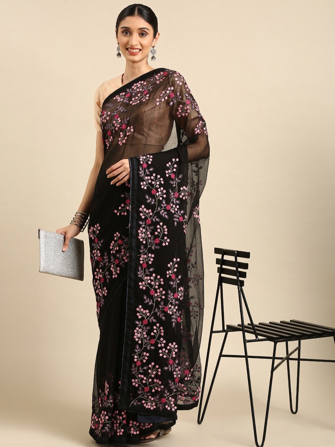 

KALINI Floral Embroidered Pure Chiffon Saree, Black