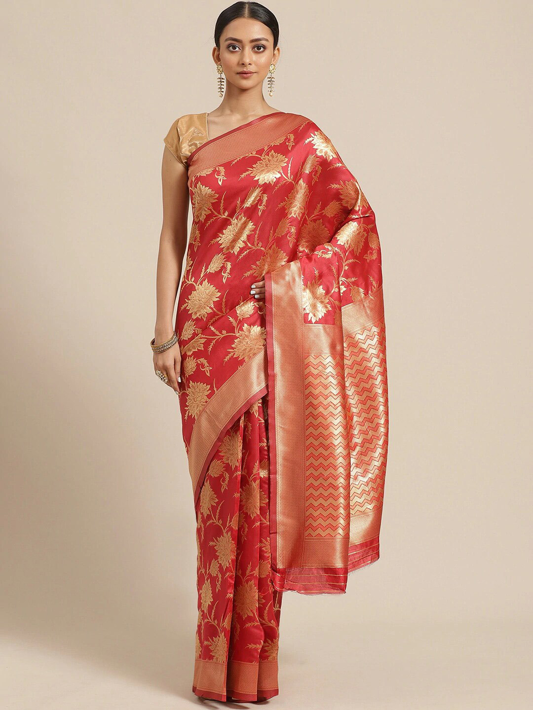 

KALINI Woven Design Zari Silk Blend Saree, Red