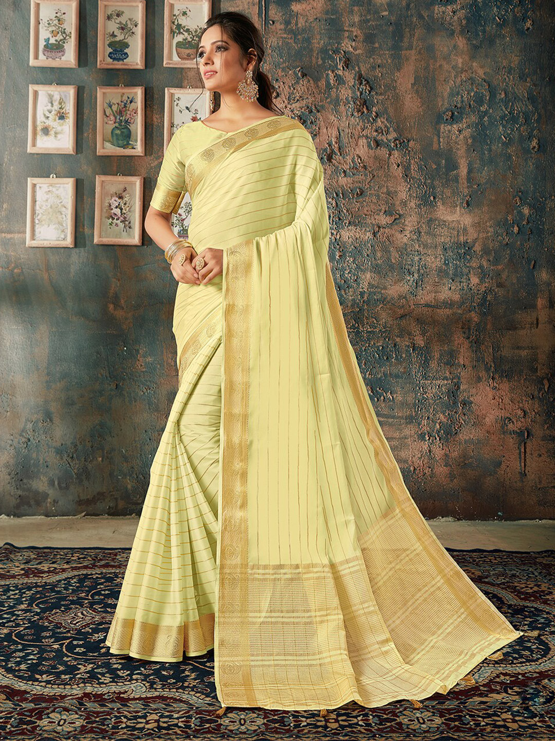 

KALINI Striped Woven Design Zari Silk Saree, Yellow